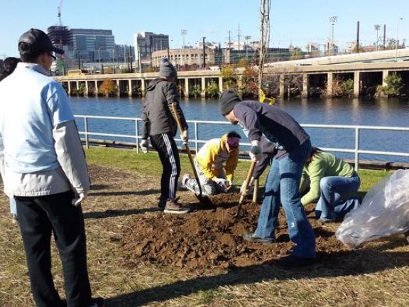 volunteers plant a tree on Schuylkill Banks