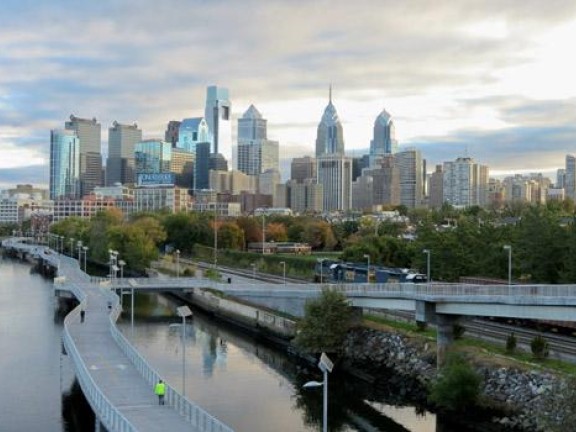 Schuylkill Banks Boardwalk with Philadelphia skyline