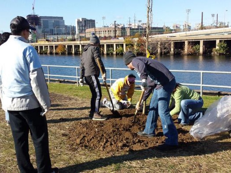 volunteers plant a tree on Schuylkill Banks